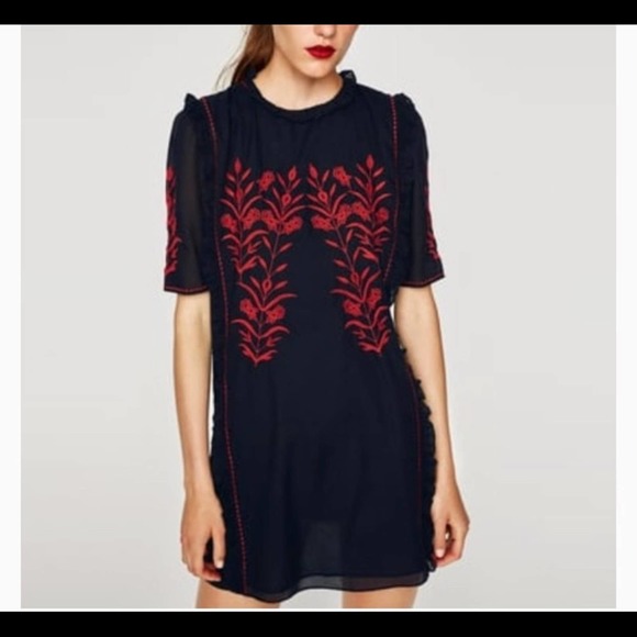 Zara Dresses Zara Trafaluc Collection Black Red Embroidered Dress
